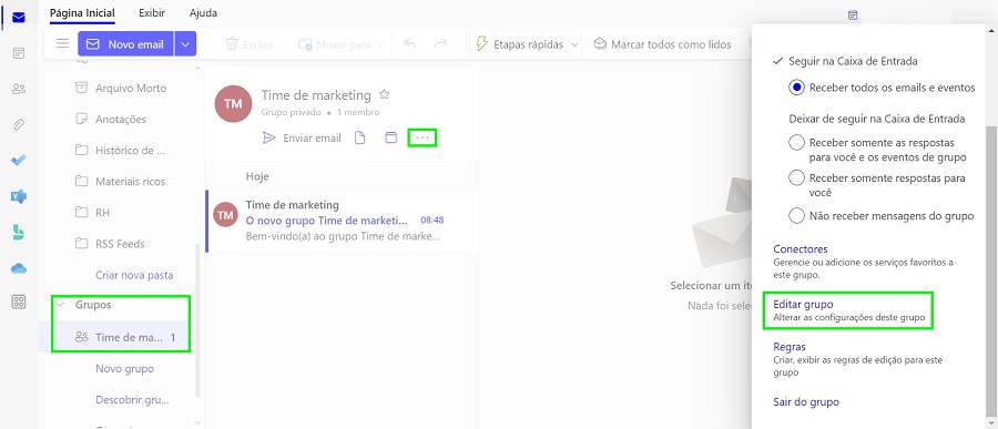 Menu lateral direito para alterar as configurações de um grupo de contatos no Outlook.com.
