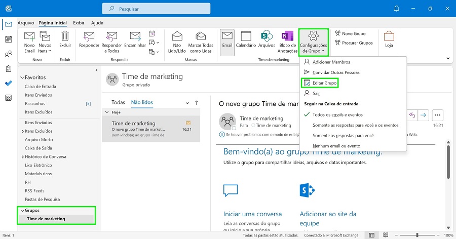 Área do Outlook365 para selecionar o grupo de contatos que deseja editar, e onde estão localizados os botões para iniciar as configurações e edições do grupo