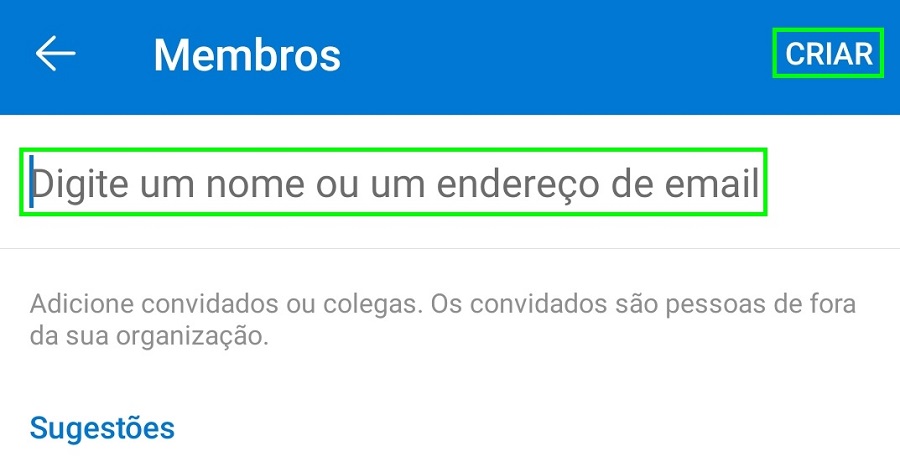 Área para adicionar os membros do grupo e etapa final do processo de criação