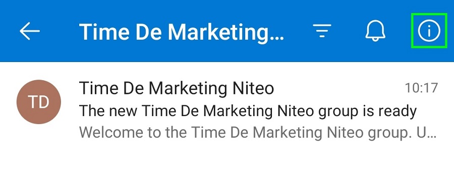 Botão para entrar nas informações do grupo selecionado, onde fica localizado o botão de editar grupo no aplicativo Outlook 365 mobile.