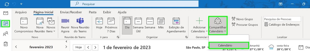 Página inicial do calendário Outlook 365 desktop com o botão "compartilhar calendário" em marcação à esquerda e abaixo o botão "Calendário" para iniciar as configurações.