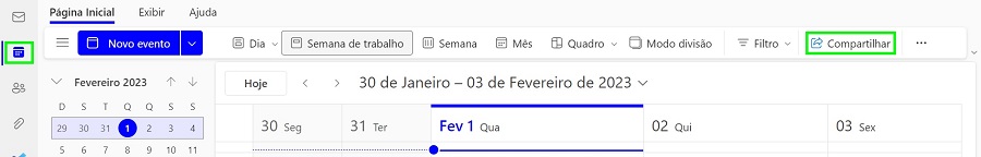 Página inicial do calendário do Outlook.com na Web. O botão "compartilhar" está marcado ao lado esquerdo na imagem.