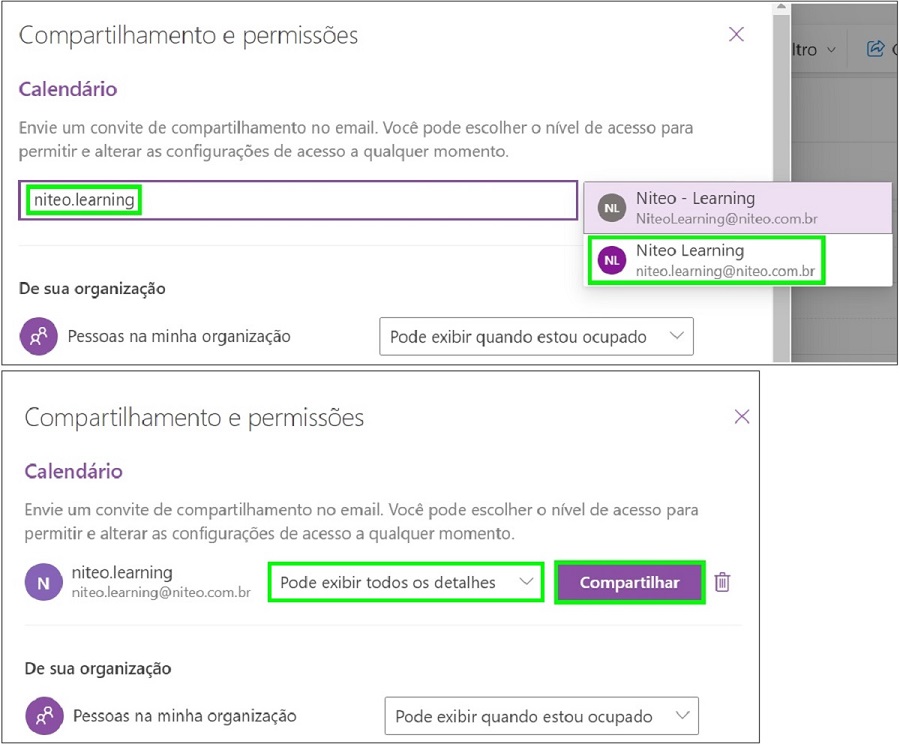 Janela de compartilhamento e permissões do calendário, para pesquisar e adicionar um contato e configurar os níveis de detalhes da exibição. Abaixo, está a janela com o contato selecionado, ao lado o botão para configurar as permissões de exibição e edição do calendário e o botão compartilhar, que estão ressaltados.