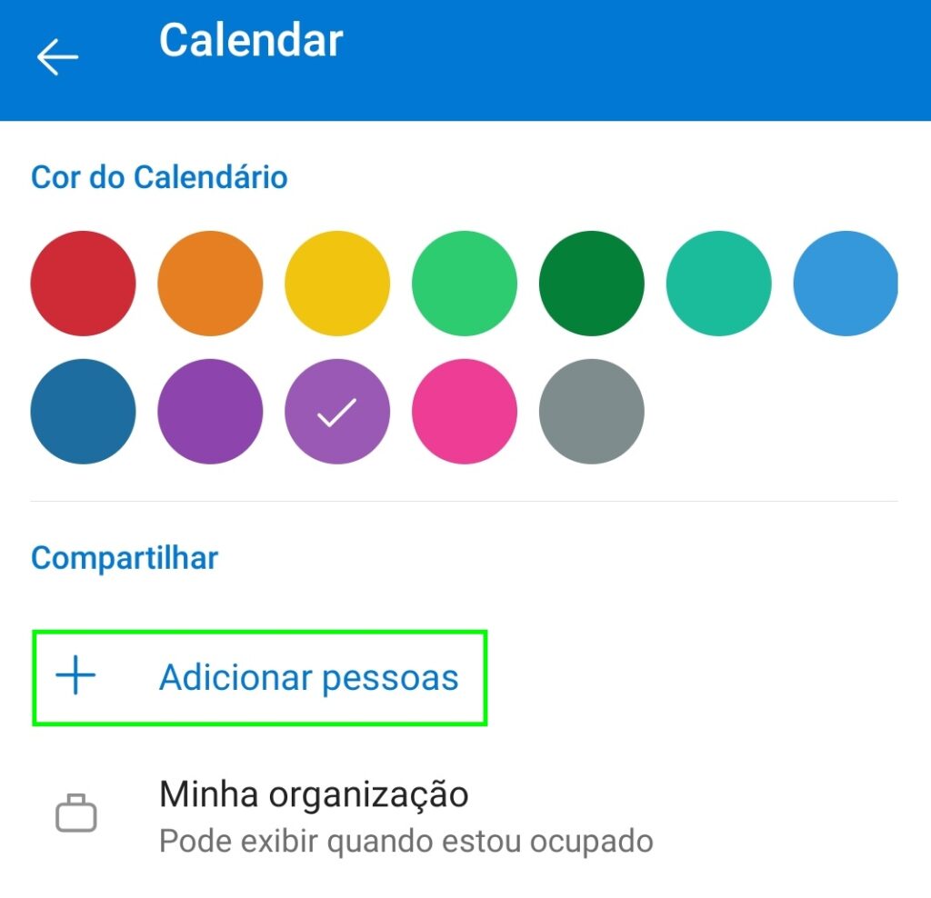 Janela de configurações da agenda do Outlook com opções para mudar a cor do calendário na parte superior, e abaixo, o botão "adicionar pessoas" para compartilhar a agenda.