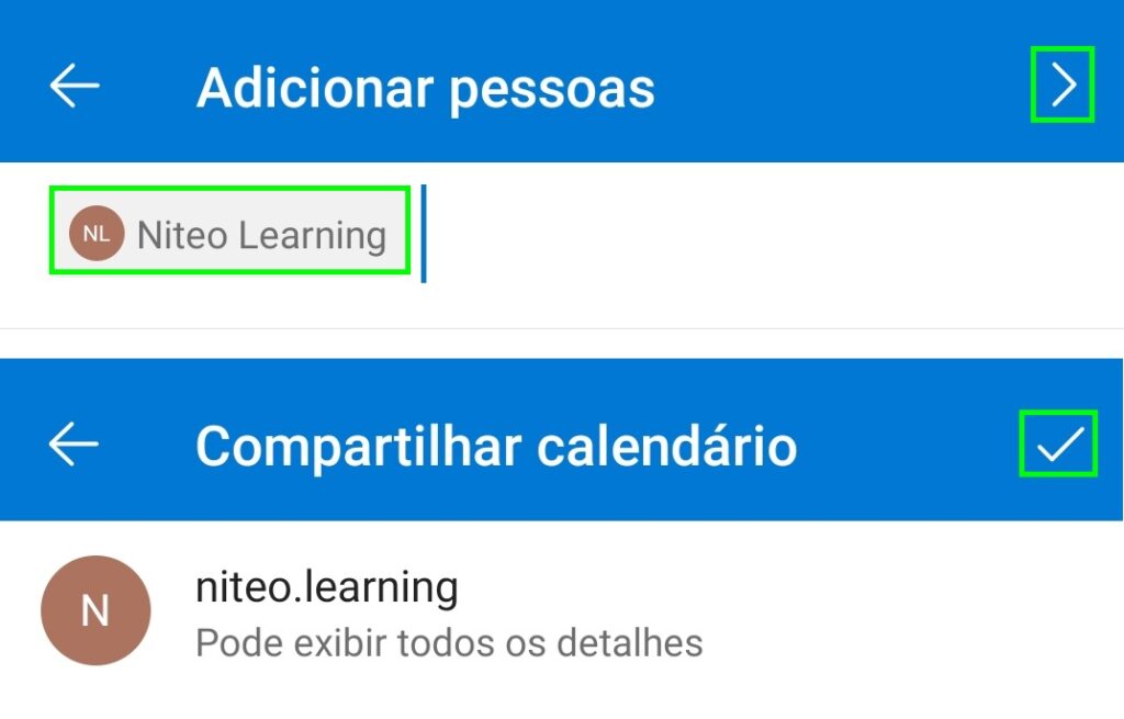 Duas telas da interface do aplicativo móvel do Outlook 365 uma em cima da outra, sendo a primeira para pesquisar e adicionar pessoas, e a segunda para confirmar todos os contatos adicionados.