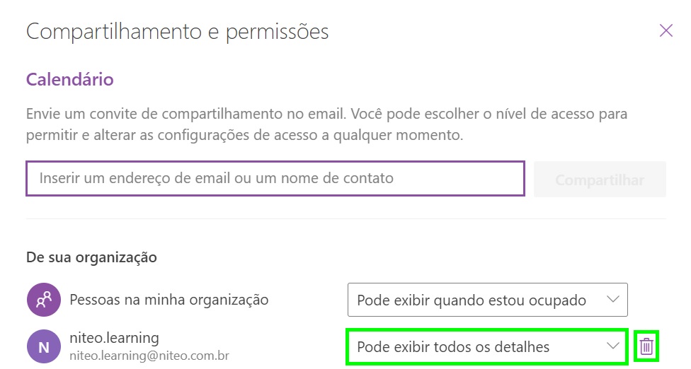 Etapa final do compartilhamento de calendário no Outlook.com, quando o visualizador já foi adicionado, e ao lado também é possível removê-lo do compartilhamento no ícone de "lixeira".