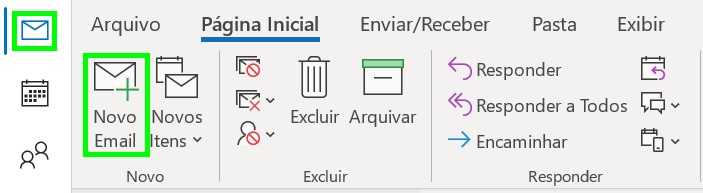 Página inicial de e-mails do Outlook com o botão de "novo e-mail" ressaltado ao lado esquerdo.