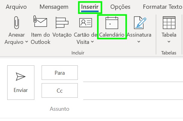 Aba "inserir" em um novo e-mail, para adicionar o calendário na mensagem através do botão "calendário".