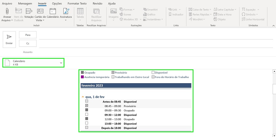 Processo de compartilhamento de calendário por e-mail finalizado, com a agenda e suas disponibilidades em anexo e no corpo da mensagem.