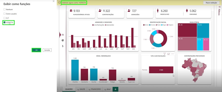 Aplicação prática da regra de segurança criada em um dashboard, exibindo os dados com os parâmetros de filtro aplicados.