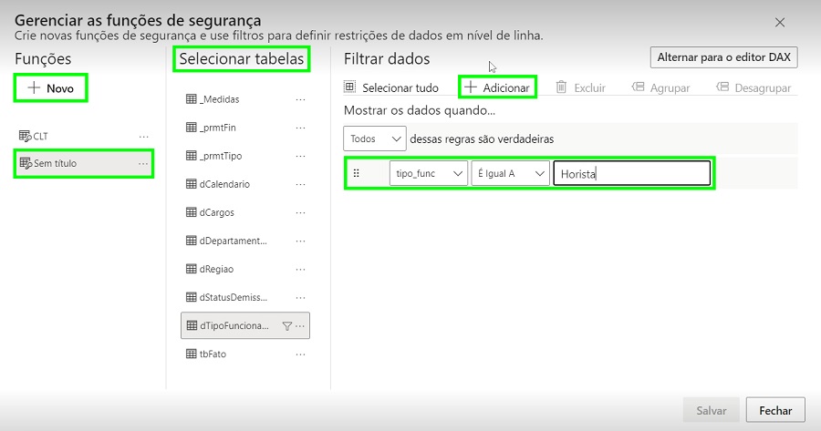 Novo painel para criar funções de segurança em nível de linha, onde é possível adicionar uma nova regra para apresentar somente os dados do parâmetro criado.