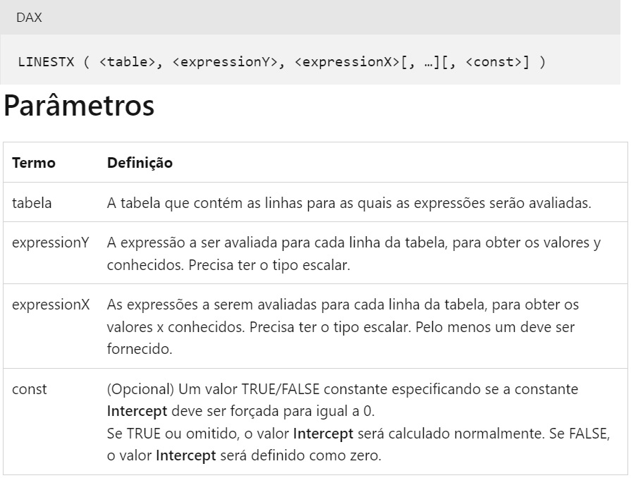 Fórmula da função DAX LINESTX e abaixo estão as explicações dos parâmetros utilizados na fórmula.