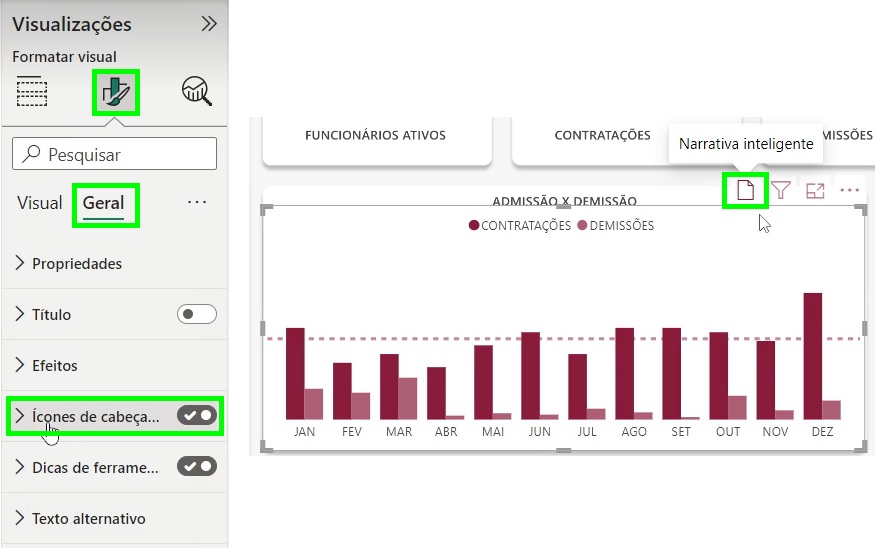 Duas telas do Power BI em que a primeira mostra o painel de formato onde estão localizados os ícones de cabeçalho, e a segunda mostra um visual com o ícone de narrativa inteligente já habilitado.