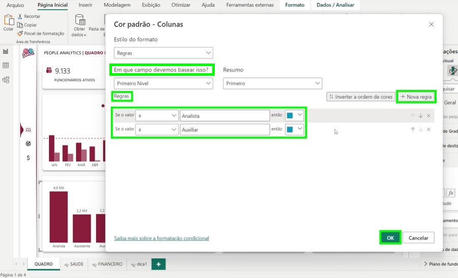 Janela para criar a nova regra de formatação condicional para os campos de string.