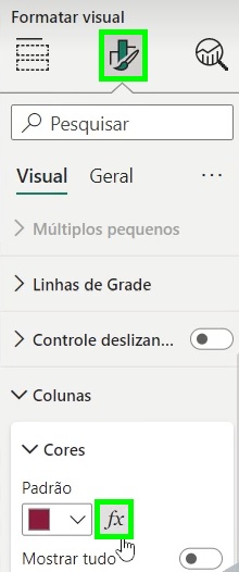 Painel de formato no Power BI onde ficam localizados o pincel de formatação e o botão de formatação condicional.