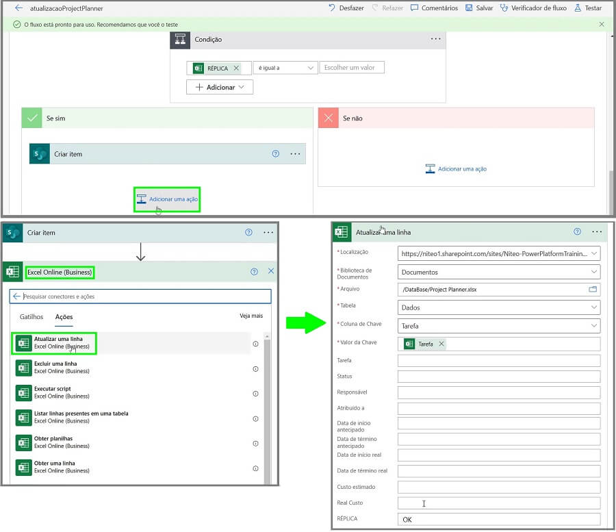 Etapa de configuração da atualização automática das linhas do Excel quando um novo item é adicionado na lista do SharePoint.