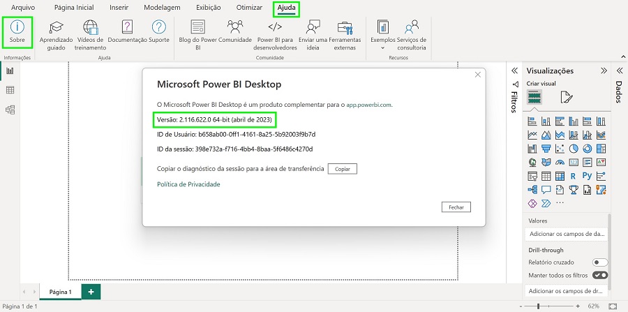 Passo a passo para identificar qual a versão do Power BI Desktop está instalada no computador.