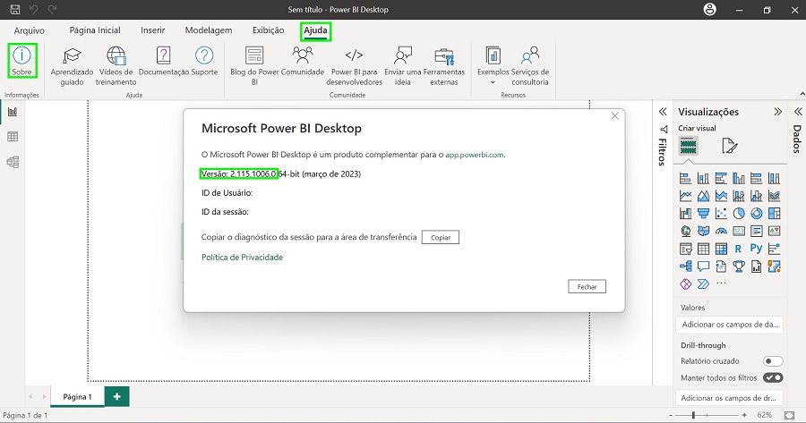 Passo a passo para identificar qual versão do Power BI está instalada no computador.