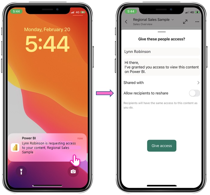 Dois celulares um ao lado do outro demonstrando como aparece a notificação de permissão de acesso ao relatório do Power BI, e ao lado, como aceitá-la.