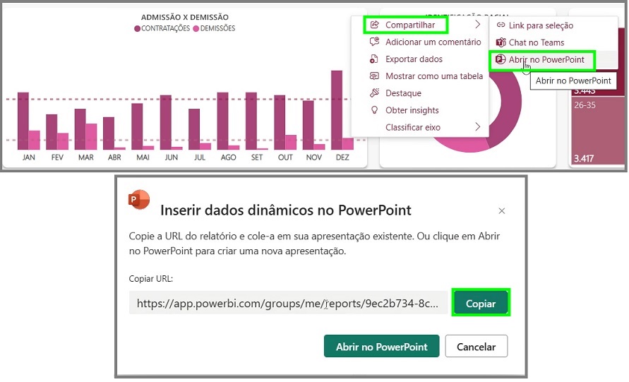 Passo a passo inicial para inserir um único visual de um relatório do Power BI no PowerPoint.