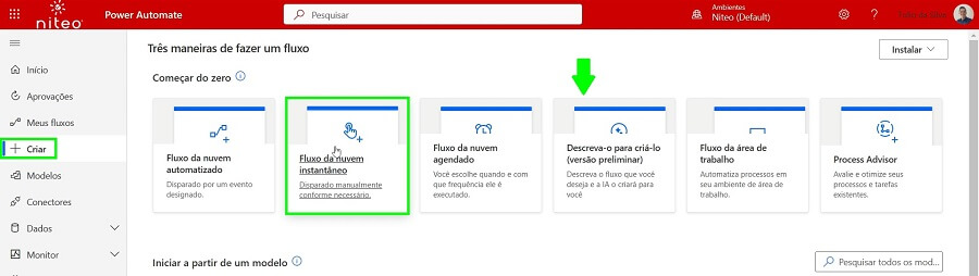 Como começar a criar um fluxo automatizado no Power Automate.