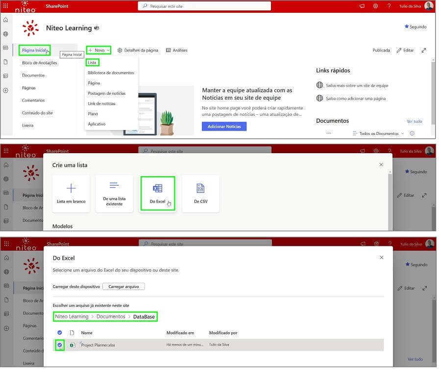 As três etapas para criar uma lista do SharePoint a partir de planilha de Excel.