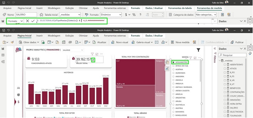 Barra de fórmulas do Power BI com a medida de soma de salários concatenada à tabela de tipos de moedas.