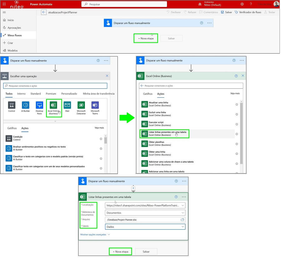 Passo a passo para listar todos os itens de uma planilha em formato de tabela no fluxo do Power Automate.