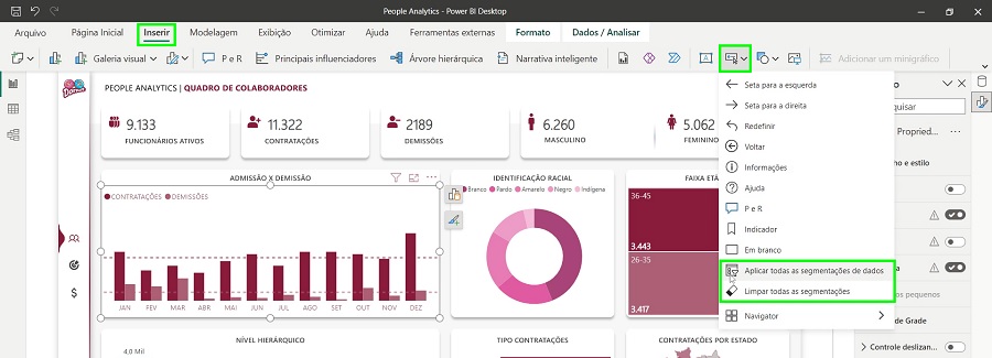 Interface do Power BI com os novos botões de aplicar e limpar todas as segmentações de dados.