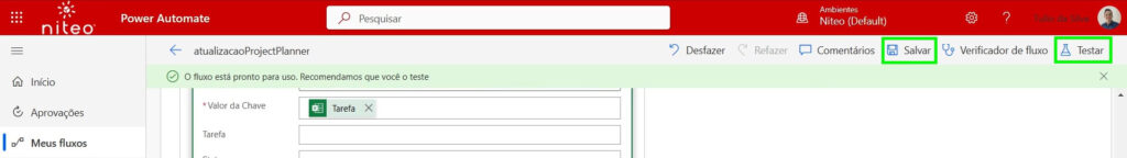 Etapa final do fluxo para criar e automatizar lista do SharePoint a partir de Excel, com os botões de salvar e testar realçados.