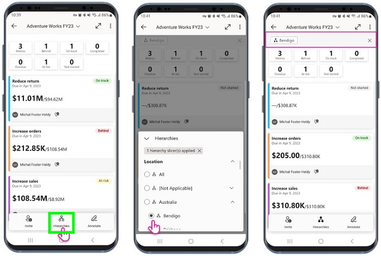 Explorando a hierarquia de scorecards através do Power BI Mobile, recurso adicionado com a atualização de abril de 2023.