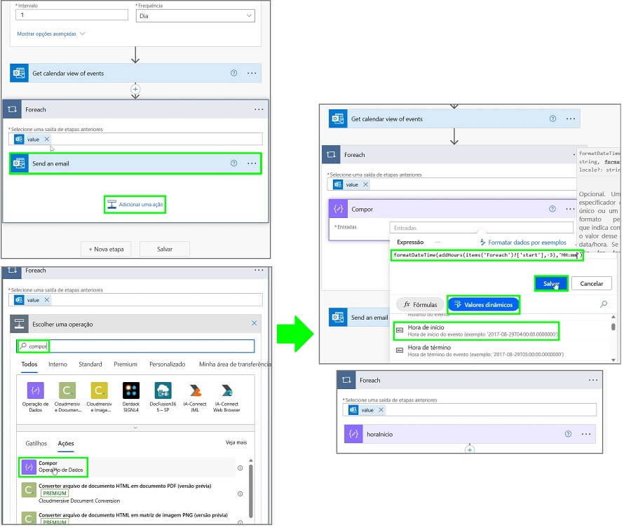 Etapas para customizar os formatos dos horários de início e de término dos compromissos agendados, e para configurar o horário que o fluxo deve considerar para enviar o e-mail.