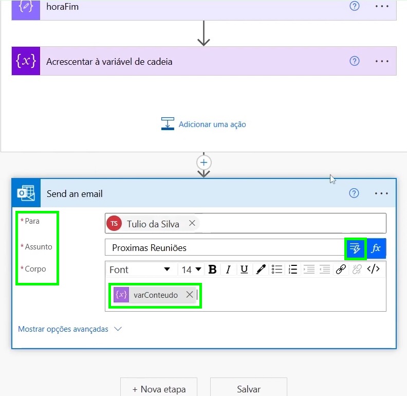 tapa para configurar os dados do e-mail que será enviado: destinatário, assunto e corpo da mensagem com a variável que carrega os dados dos eventos.