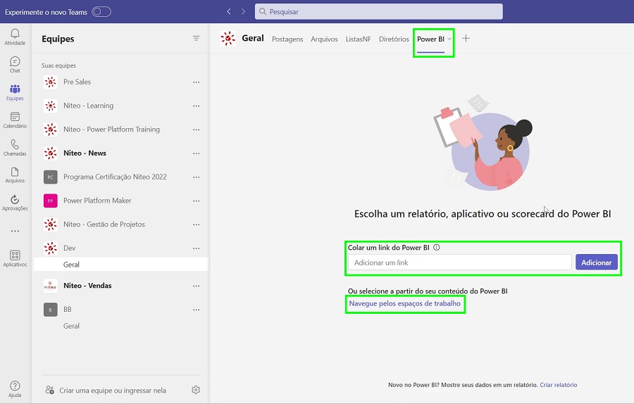 Interface de uma equipe no Microsoft Teams, onde será adicionada uma guia com relatório ou dashboard do Power BI com novo modelo de layout.