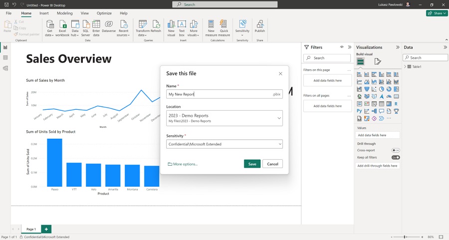 Arquivo do Power BI sendo salvo em uma biblioteca do OneDrive ou SharePoint.