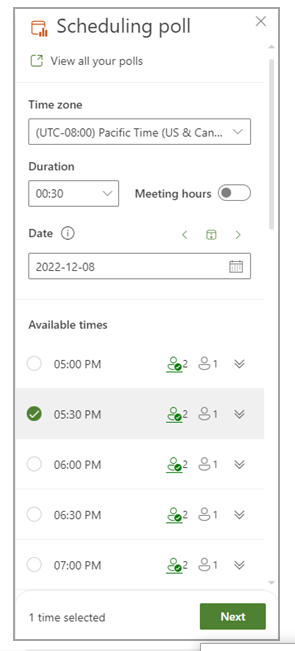 Área para escolher as datas e horários adequados para a reunião ou evento.