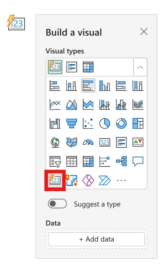 Galeria de visuais do painel de formato do Power BI, com o botão para selecionar o novo visual de cartões.