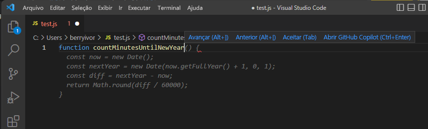 Tela do Visual Studio Code com o GitHub Copilot integrado, na qual a IA fornece sugestões de códigos a partir do nome de uma função.