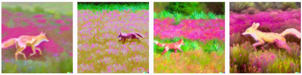 Quatro imagens diferentes de raposas correndo por um campo, criadas com IA generativa a partir de um único prompt.