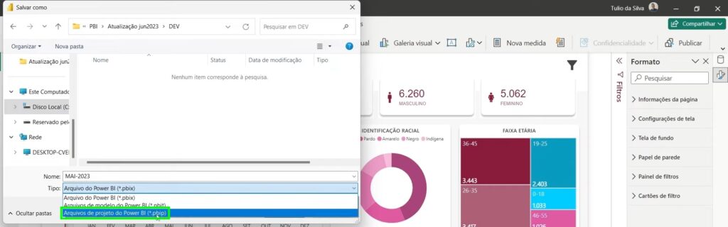 Salvamento de um relatório do Power BI como desenvolvedor, no formato *pbip, ou projeto do PBI.