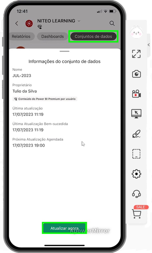 Nova aba de conjuntos de dados no aplicativo Power BI Mobile, para atualizar conjuntos de dados pelo celular.