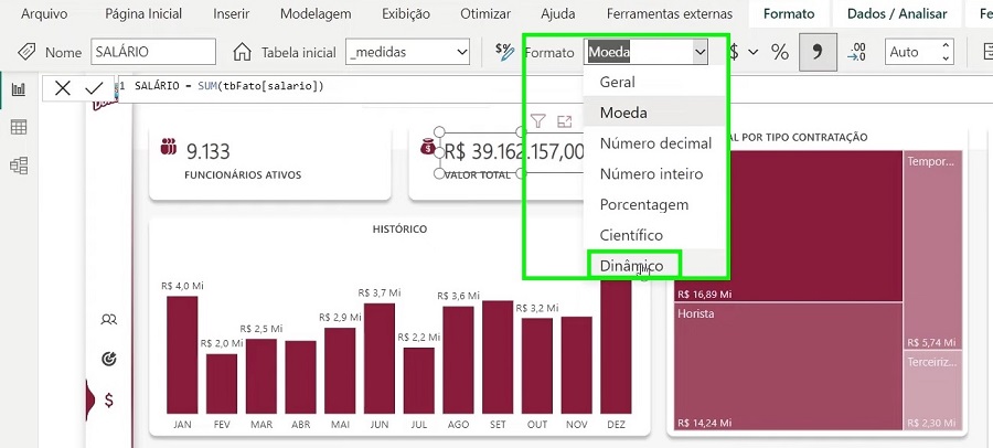 Área para escolher o formato dinâmico, que altera o tipo de moeda da medida automaticamente conforme o país.