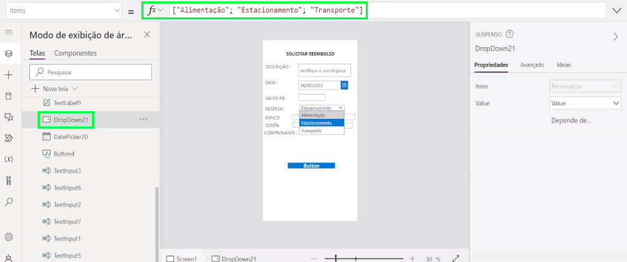 Configure o menu suspenso com categorias de despesas.