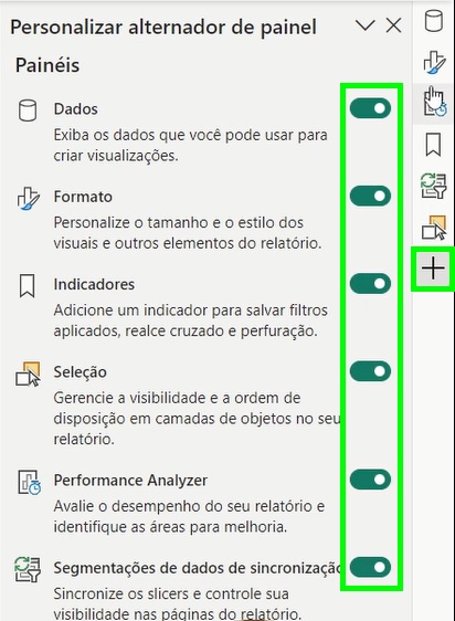 Janela aberta a partir do novo botão "+" para personalizar o alternador de painel, com os painéis possíveis de serem adicionados.