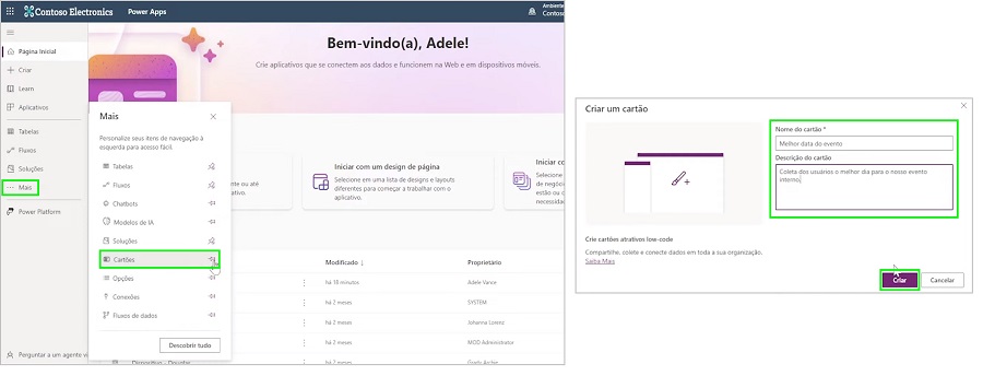 Primeira etapa para criação de cartões no Power Apps, onde é necessário selecionar "Cartões" no menu "Mais".