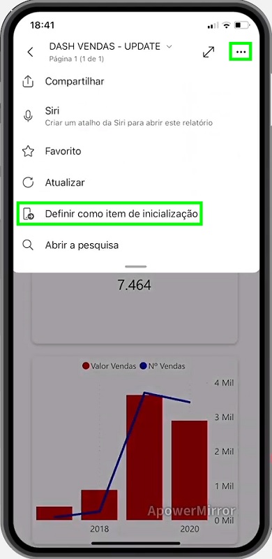 Tela do Power BI Mobile com a opção de definir um relatório selecionado como item de inicialização.