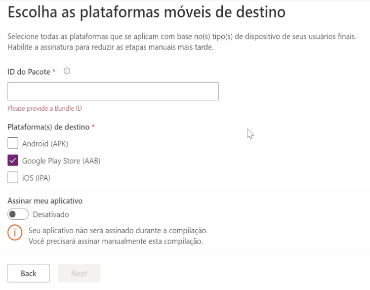 Escolha suas plataformas de destino e habilite a assinatura automática de código para seu pacote de aplicativo móvel.