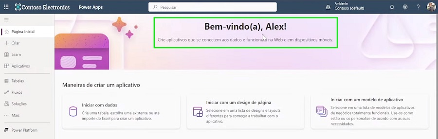 Interface da página inicial do Power Apps antes dos updates de julho de 2023, quando houve mudanças para inserção do Copilot.