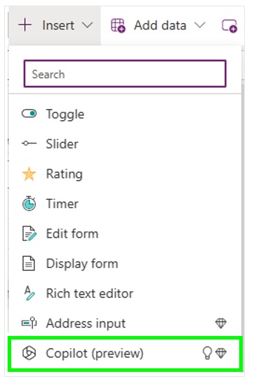 Print de como ativar a opção do componente Copilot na aba de configurações e adicionar IA no aplicativo criado com Power Apps.