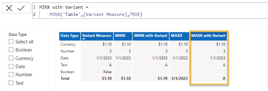 Tabela no Power BI com cálculos realizados via funções DAX MINX e MAXX, onde os valores de texto são considerados.